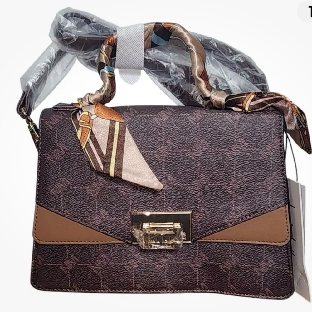 NWT Nicole Miller Brown and Tan Handbag with Matching Scarf